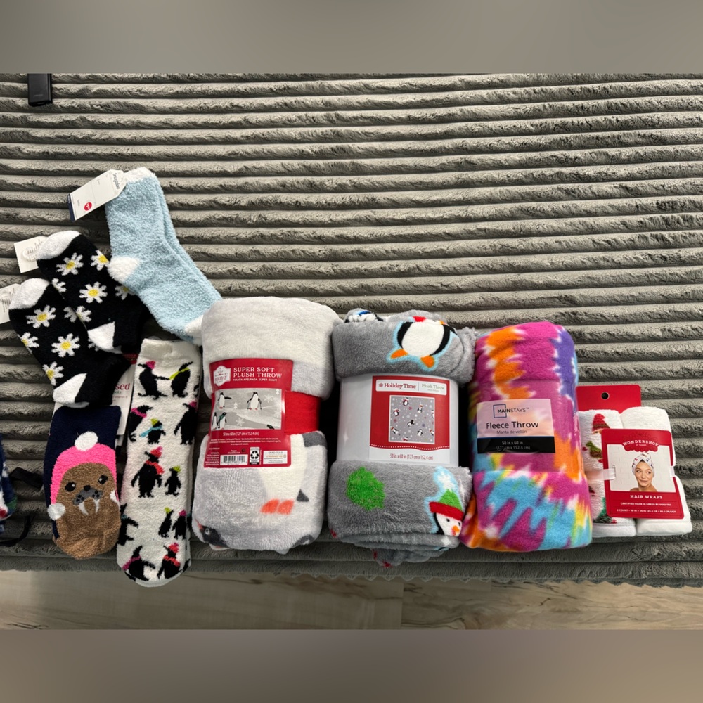 Fuzzy Throw Blankets, Socks, & Hair Wraps